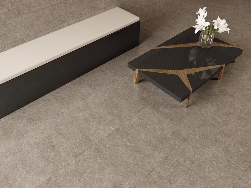 Ambiente con azulejos efecto piedra en tonos cálidos, colección Light stone de Argenta