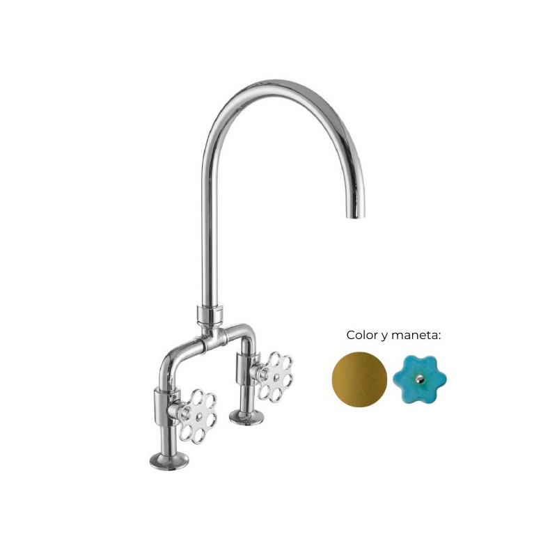 MONOMANDO DE COCINA TUBS VERTICAL VOLANTE FLOR TURQUESA LATÓN PULIDO
