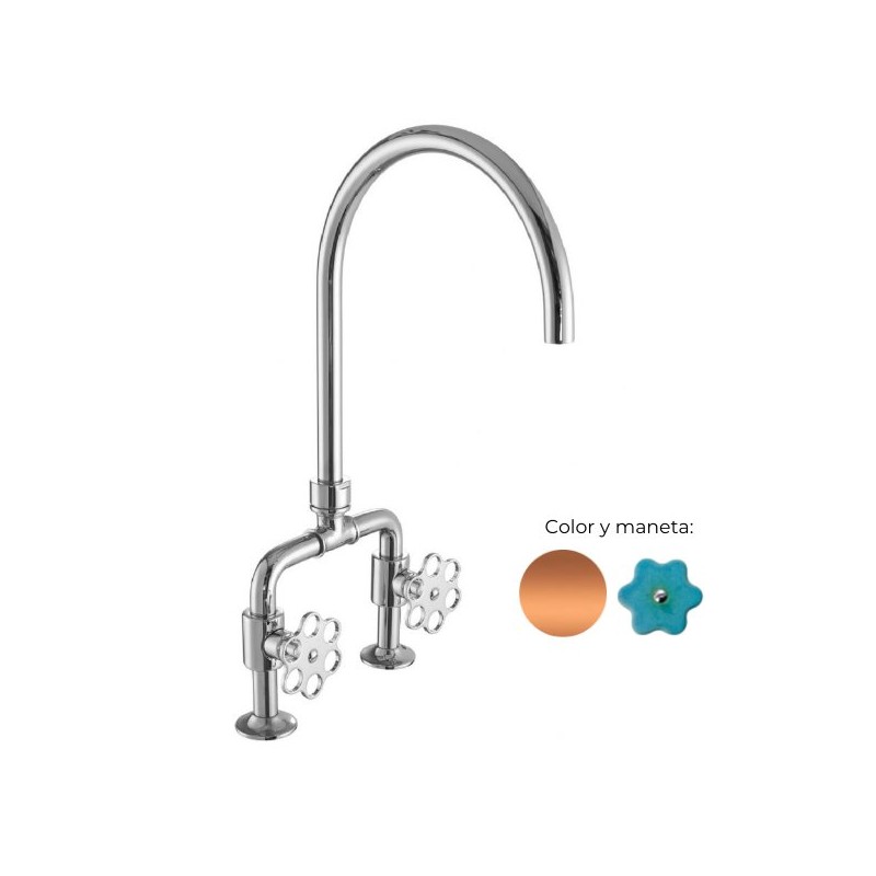 MONOMANDO DE COCINA TUBS VERTICAL VOLANTE FLOR TURQUESA COBRE PULIDO