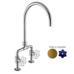 MONOMANDO DE COCINA TUBS VERTICAL VOLANTE FLOR DENIM LATÓN PULIDO