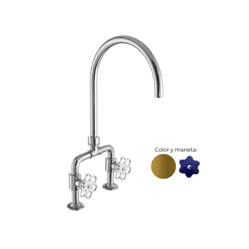 MONOMANDO DE COCINA TUBS VERTICAL VOLANTE FLOR DENIM LATÓN PULIDO