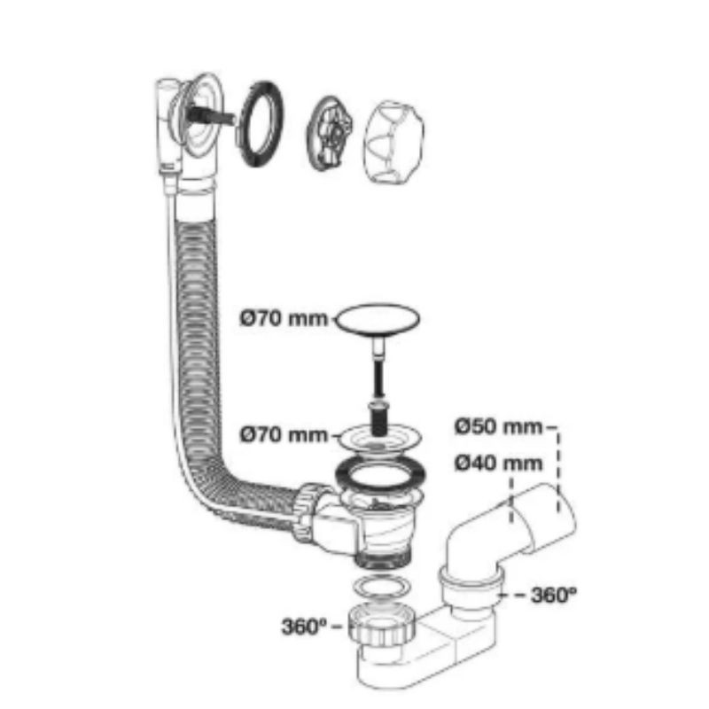 Válvula bañera con cable, rebosadero, sifón y tapón 70 mm Drena