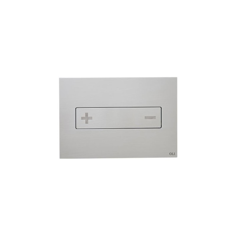 Pulsador Oceania diseño minimalista con materiales nobles para baños modernos, sistema ala de gaviota antivandálico.
