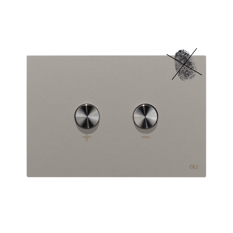 Pulsador Blink contemporáneo acero inoxidable con botones + y - y accionamiento neumático eficiente.