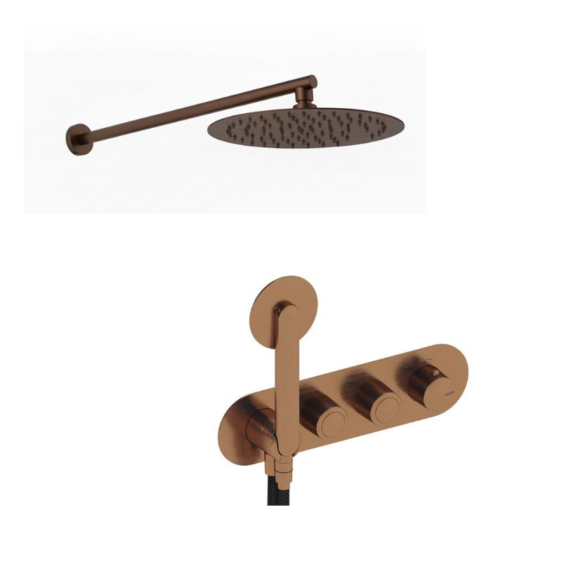 KIT GRIFERÍA TERMOSTÁTICA OVAL DE DUCHA DEDAL PLISSÉ ORO ROSA CEPILLADO