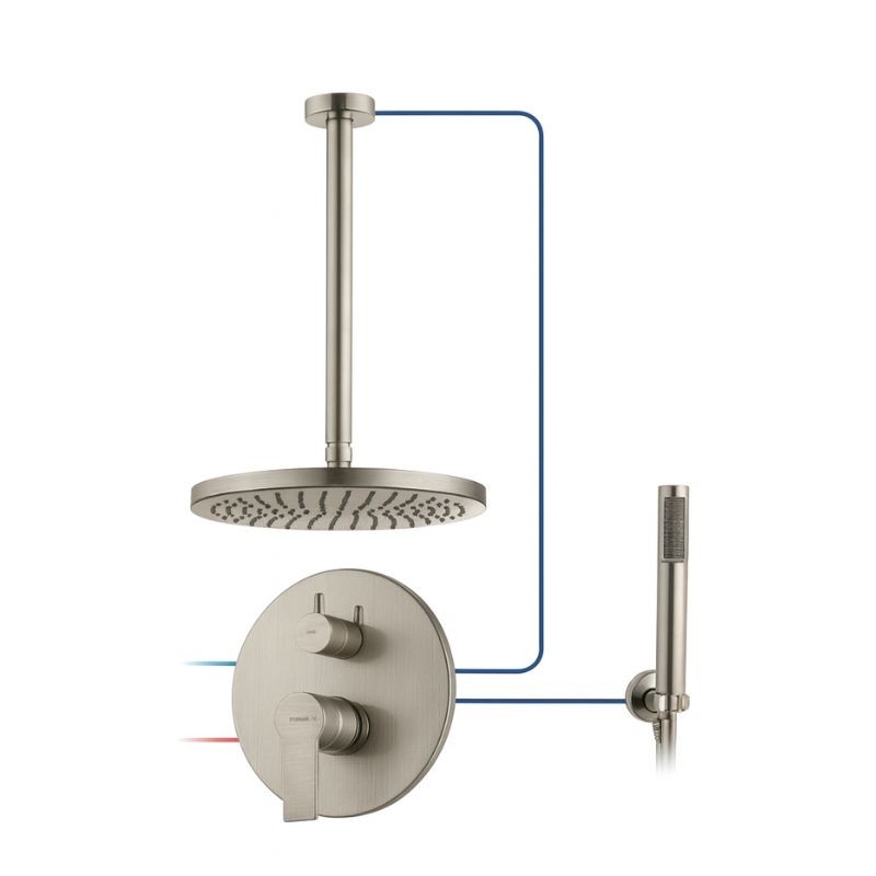 KIT GRIFERÍA MONOMANDO EMPOTRADA DE DUCHA A TECHO TOKE NIQUEL CEPILLADO