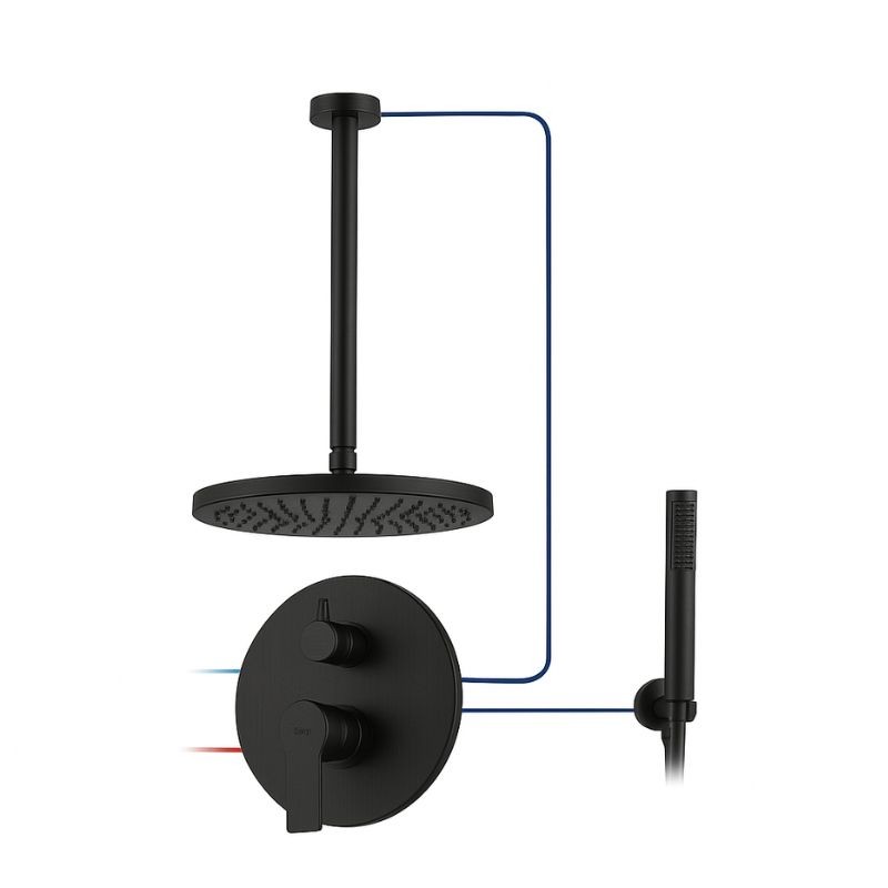 KIT GRIFERÍA MONOMANDO EMPOTRADA DE DUCHA A TECHO TOKE NEGRO