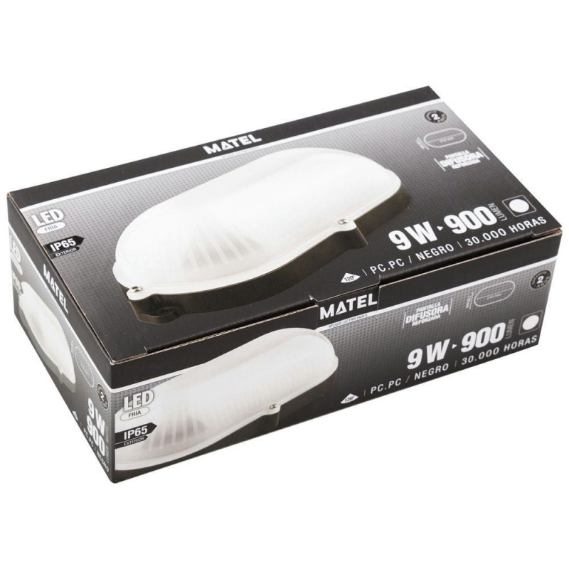 Aplique LED Oval Negro IP65 9W Frío Matel