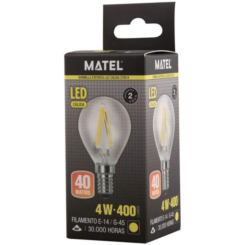 Bombilla LED Filamento Esférica E14 4W Cálida Matel