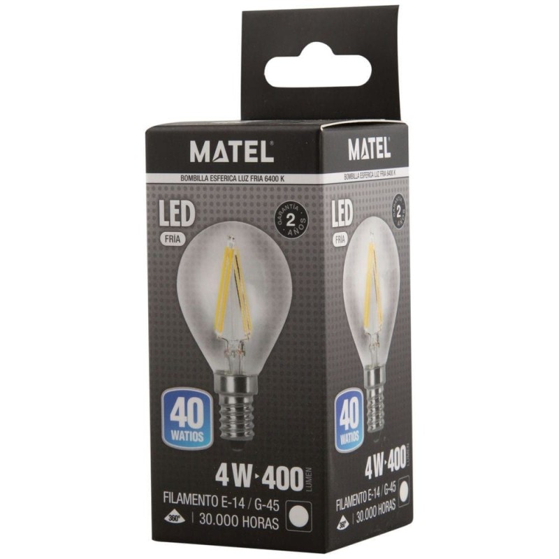Bombilla LED Filamento Esférica E14 4W Fría Matel