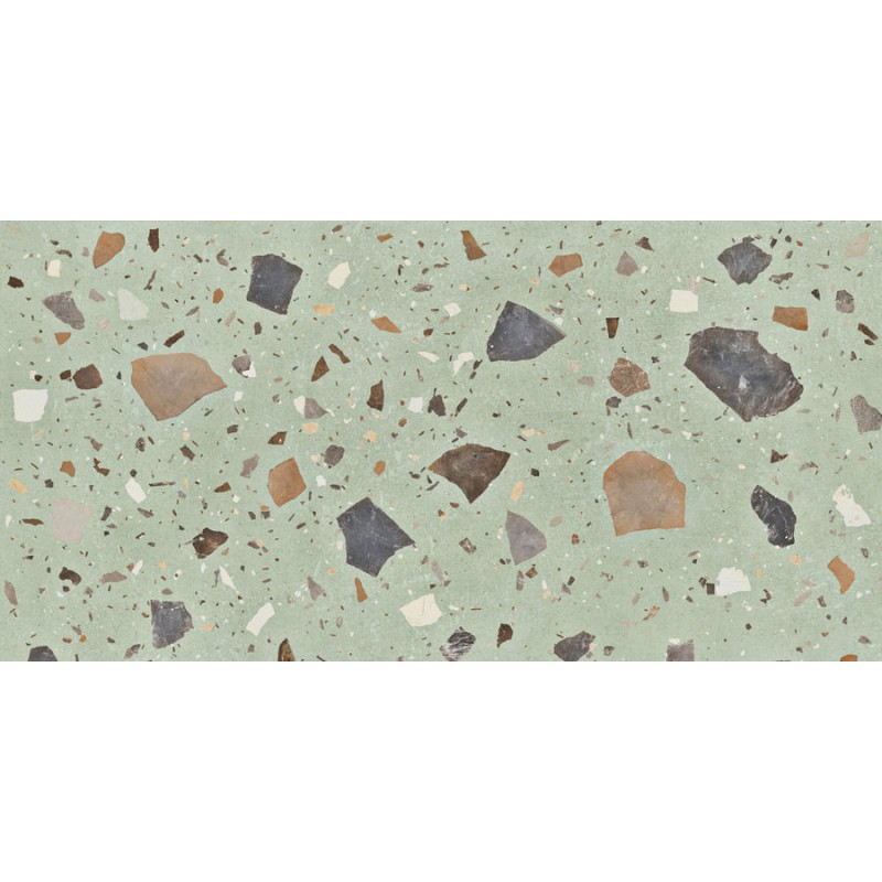 Pavimento porcelánico 20mm exterior Pebble Green antideslizante efecto terrazo 50x100 cm Aparici