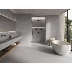 Gres porcelánico Essenza de Argenta en color gris perla, acabado mate rectificado, en formato rectangular 60x120 cm