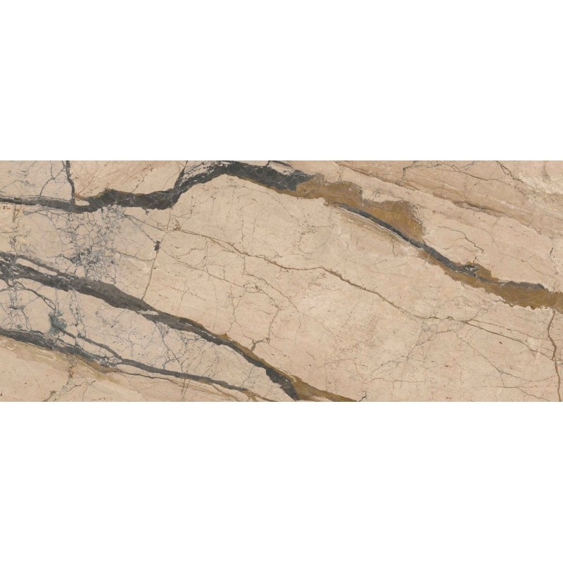 Lámina porcelánica Breccia de TAU ceràmica en color Etna Gold, acabado polisoft semi-pulido, formato 120x280 cm