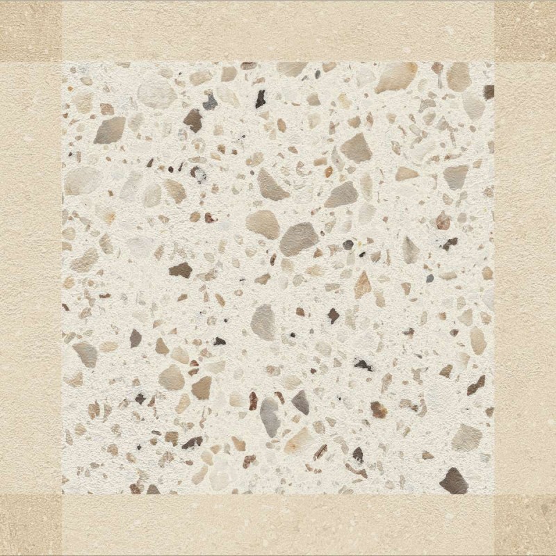 Porcelánico decorado Croma de Harmony en color Sand, acabado mate, formato 25x25 cm con motivo de terrazo enmarcado