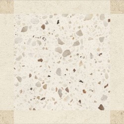 Porcelánico decorado Croma de Harmony en color White, acabado mate, formato 25x25 cm con motivo de terrazo enmarcado