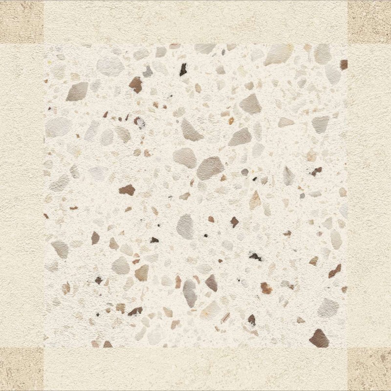 Porcelánico decorado Croma de Harmony en color White, acabado mate, formato 25x25 cm con motivo de terrazo enmarcado