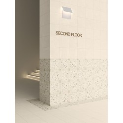 Porcelánico decorado Croma de Harmony en color White, acabado mate, formato 25x25 cm con motivo de terrazo enmarcado