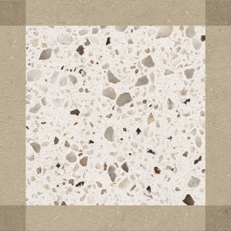 Porcelánico decorado Croma de Harmony en color Taupe, acabado mate, formato 25x25 cm con motivo de terrazo enmarcado