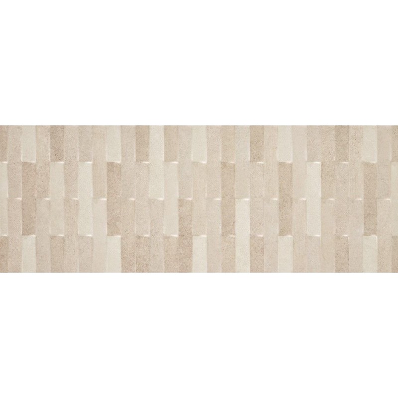 Revestimiento de pasta blanca Rhein de Alaplana con relieve de mosaico en tonos cálidos, acabado mate, formato 33,3x90 cm