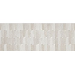 Revestimiento de pasta blanca Rhein de Alaplana con relieve de mosaico en tonos fríos, acabado mate, formato 33,3x90 cm