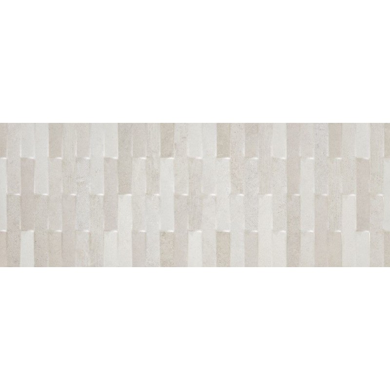 Revestimiento de pasta blanca Rhein de Alaplana con relieve de mosaico en tonos fríos, acabado mate, formato 33,3x90 cm