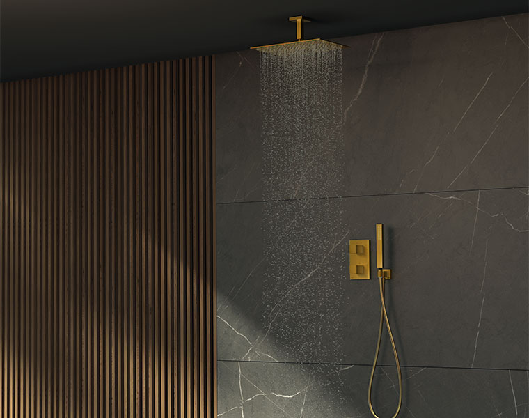 Ambiente de ducha negro con detalles dorados