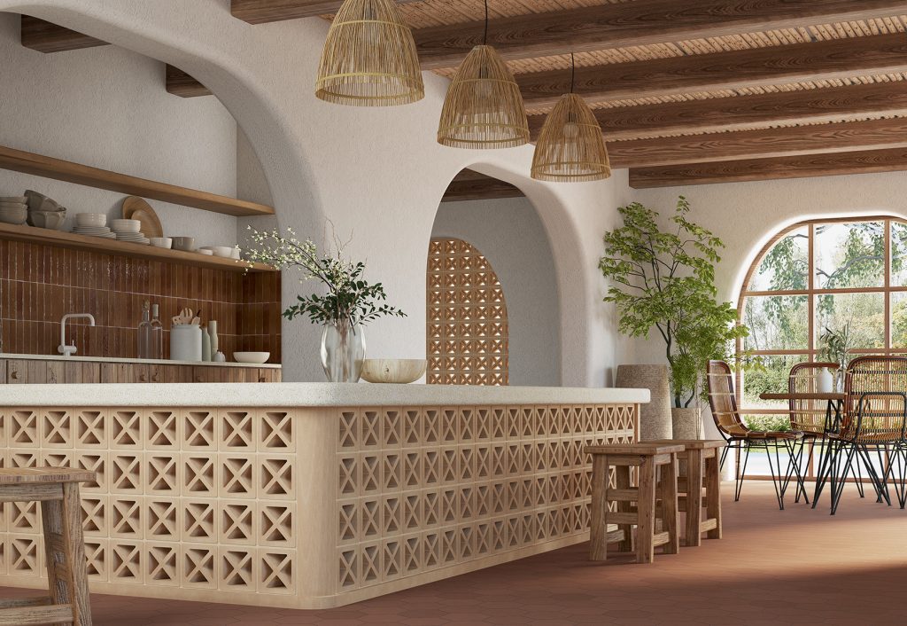 Barra de bar con celosias de barro
