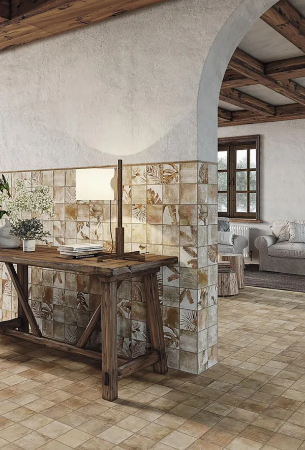 Ambiente con azulejos efecto barro en tonos cálidos, colección Amazonia de ZYX