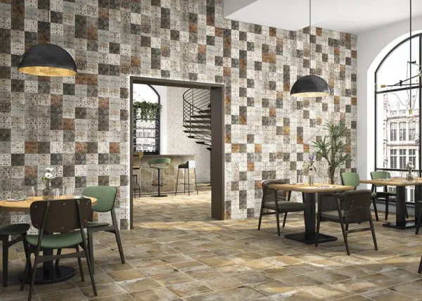 Ambiente con azulejos efecto barro en tonos cálidos, colección Antigua de Realonda