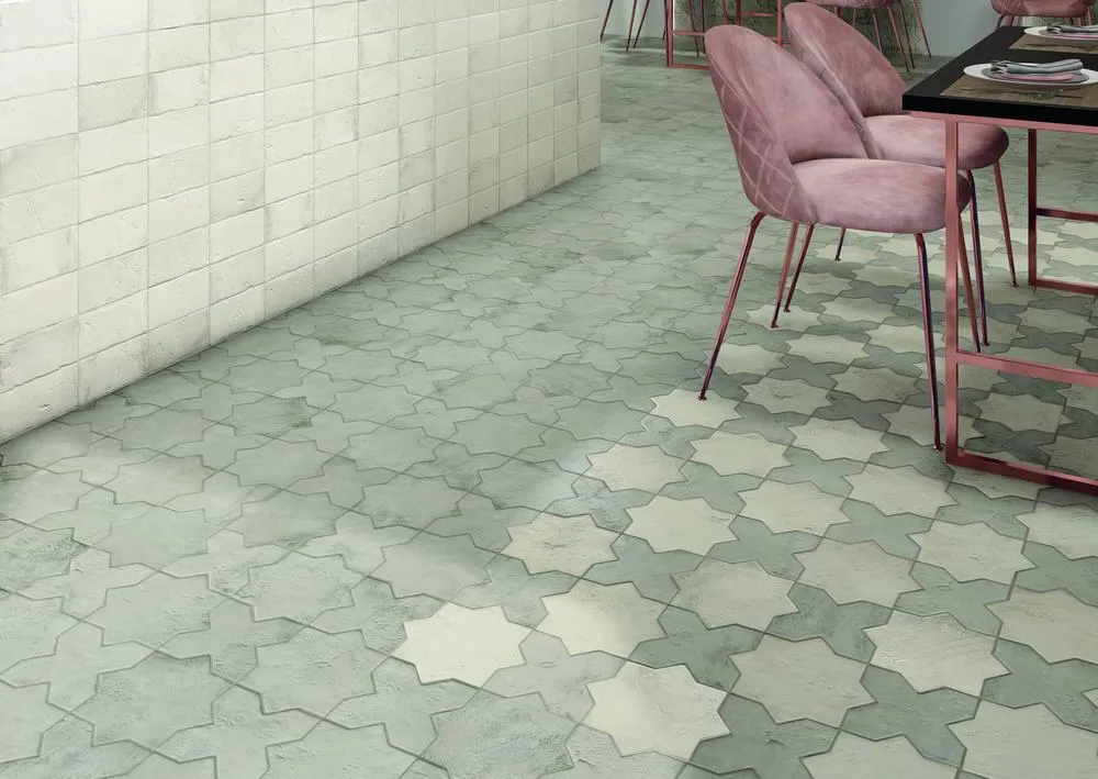 Ambiente con azulejos efecto barro en tonos fríos, colección Malta de Natucer