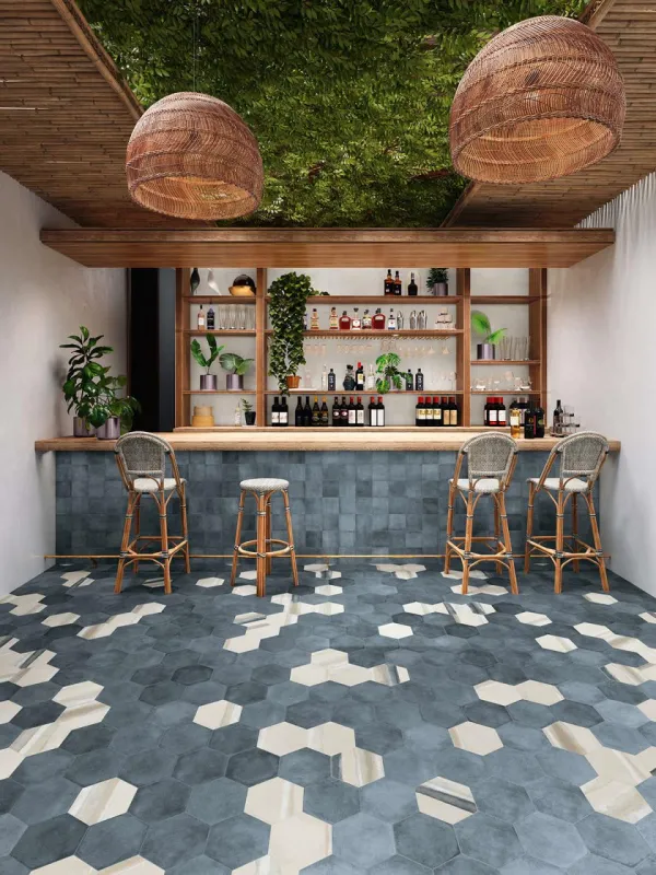 Ambiente con azulejos efecto barro en tonos fríos, colección Matter de ZYX