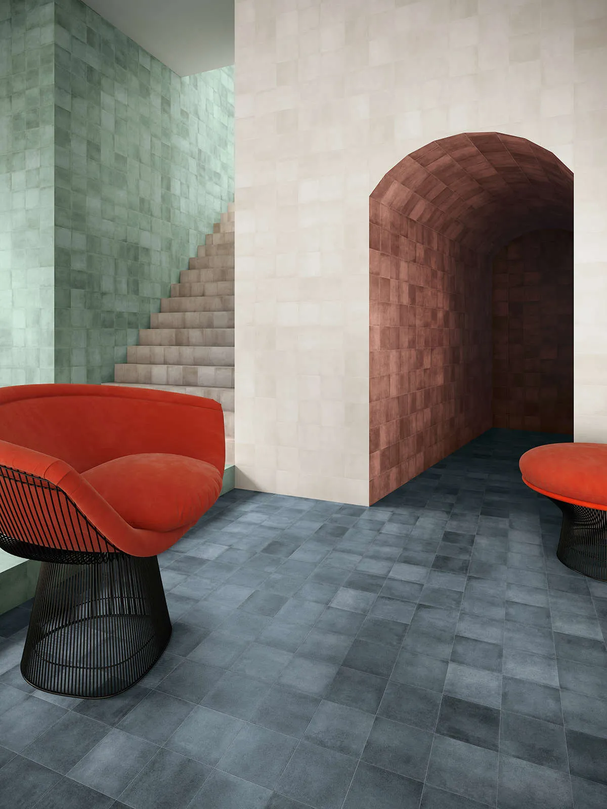 Ambiente con azulejos efecto barro en tonos fríos, colección Matter de ZYX