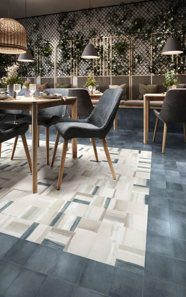 Ambiente con azulejos efecto barro en tonos fríos, colección Matter de ZYX