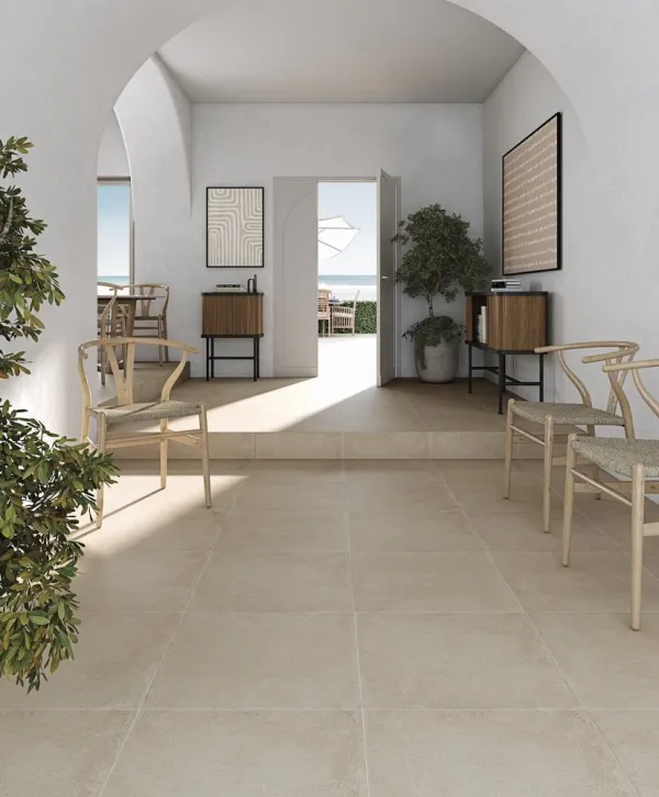 Ambiente con azulejos efecto barro en tonos cálidos, colección Zero de Geotiles