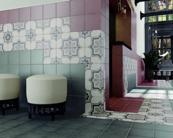 Ambiente con azulejos efecto cemento en tonos fríos, colección Art nouveau de Equipe
