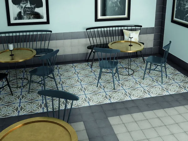 Ambiente con azulejos efecto cemento en tonos fríos, colección Art nouveau de Equipe