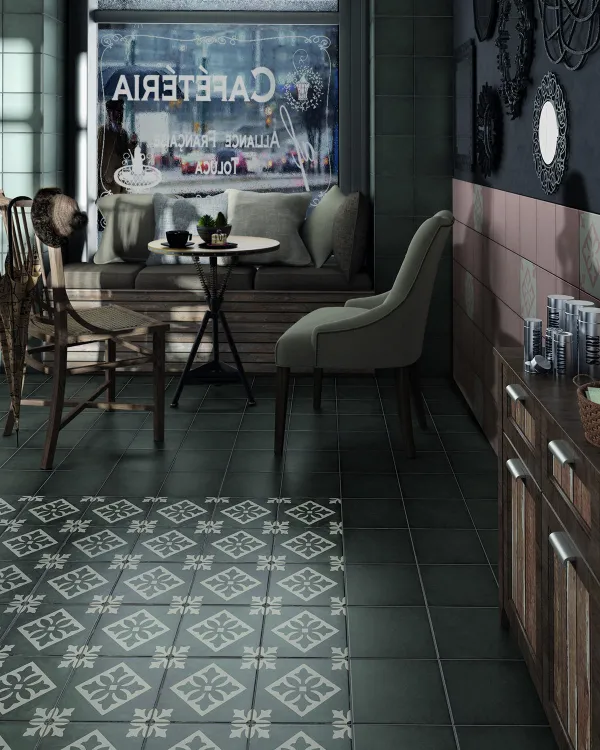 Ambiente con azulejos efecto cemento en tonos fríos, colección Art nouveau de Equipe