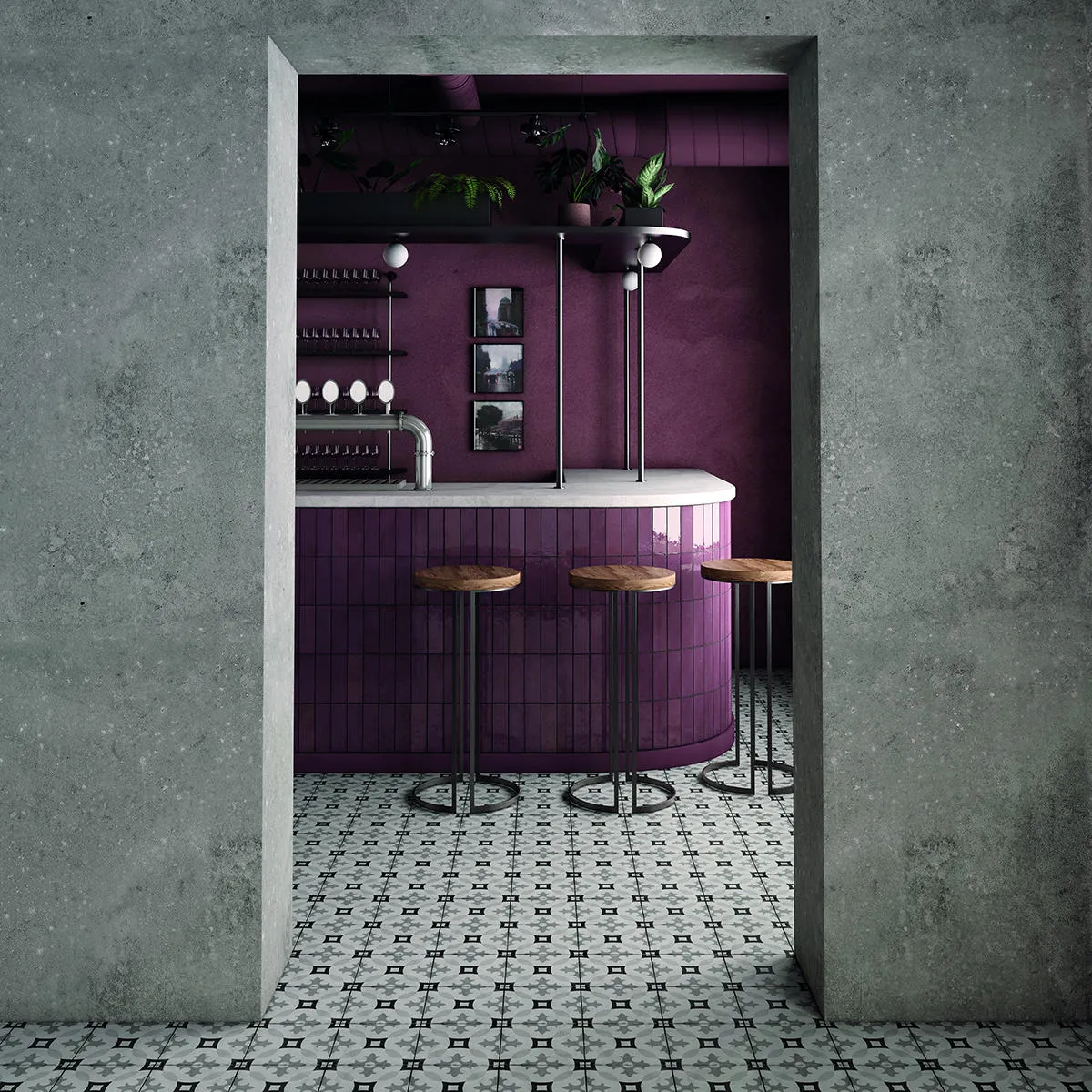 Ambiente con azulejos efecto cemento en tonos fríos, colección Art nouveau de Equipe