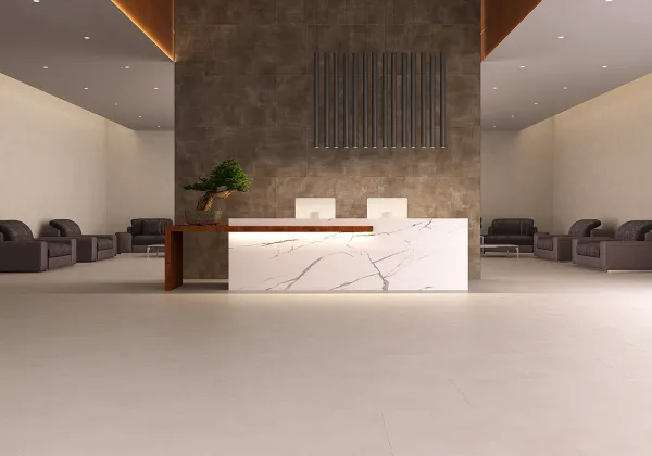 Ambiente con azulejos efecto cemento en tonos cálidos, colección Baltimore de Ecoceramic