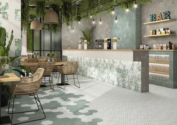 Ambiente con azulejos efecto cemento, colección Berlin de Dune
