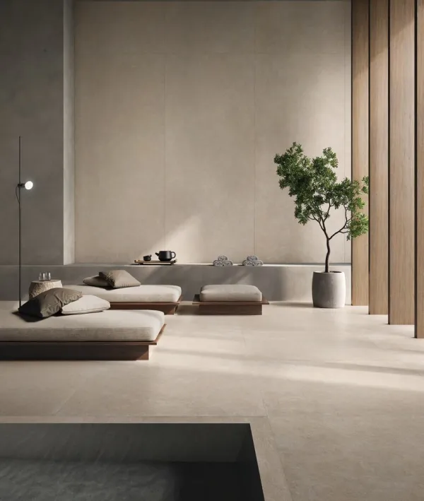 Ambiente con azulejos efecto cemento en tonos cálidos, colección Cement vibes de Ceramiche Piemme