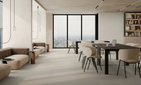 Ambiente con azulejos efecto cemento, colección Clunia de Durstone