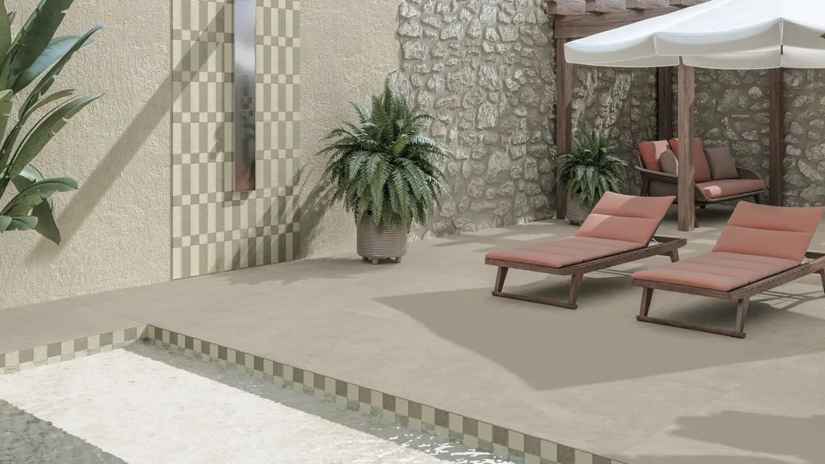 Ambiente con azulejos efecto cemento, colección Croma de Harmony