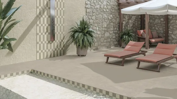 Ambiente con azulejos efecto cemento, colección Croma de Harmony