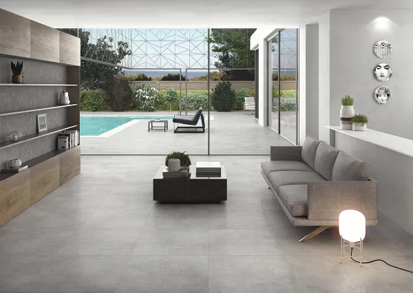 Ambiente con azulejos efecto cemento en tonos neutros, colección Frame de Durstone