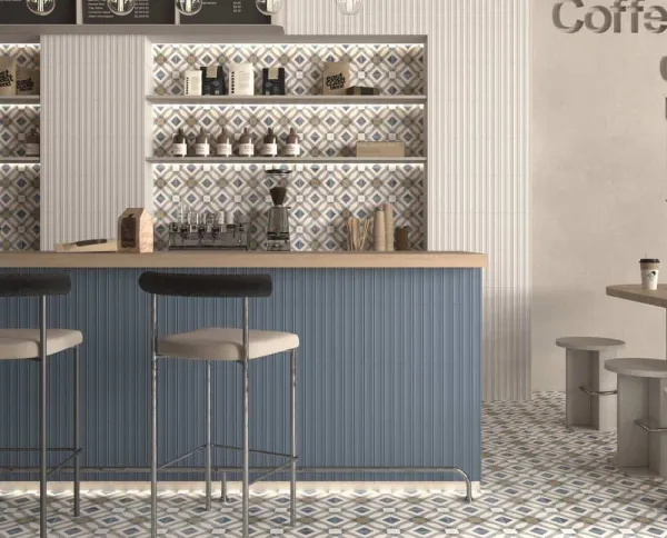 Ambiente con azulejos efecto cemento, colección Milano de Dune