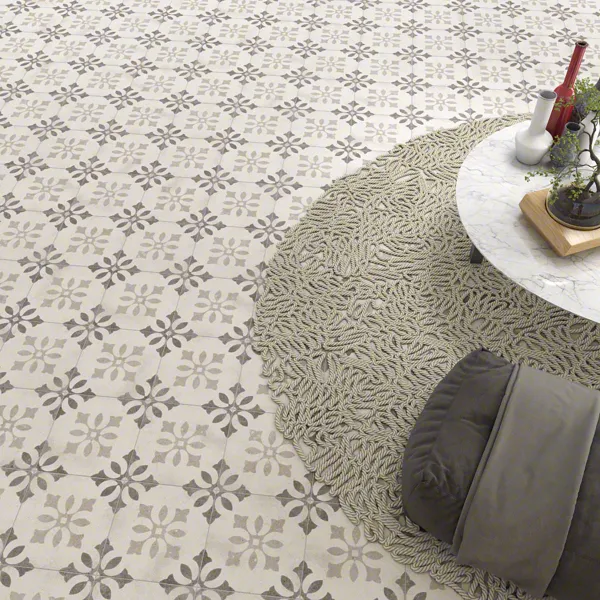 Ambiente con azulejos efecto cemento en tonos neutros, colección Nassau de Vives