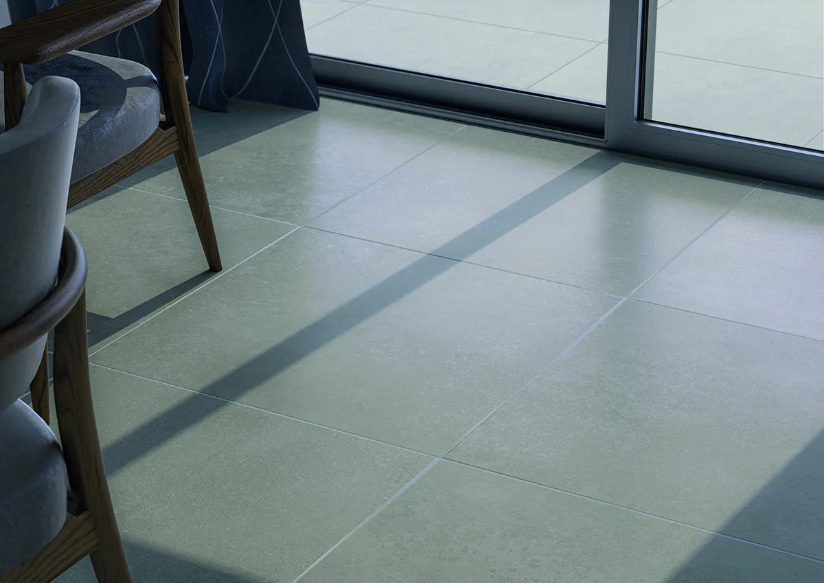 Ambiente con azulejos efecto cemento en tonos fríos, colección Neutra de Cifre
