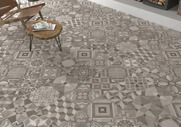 Ambiente con azulejos efecto cemento en tonos neutros, colección Powder - dust de Argenta