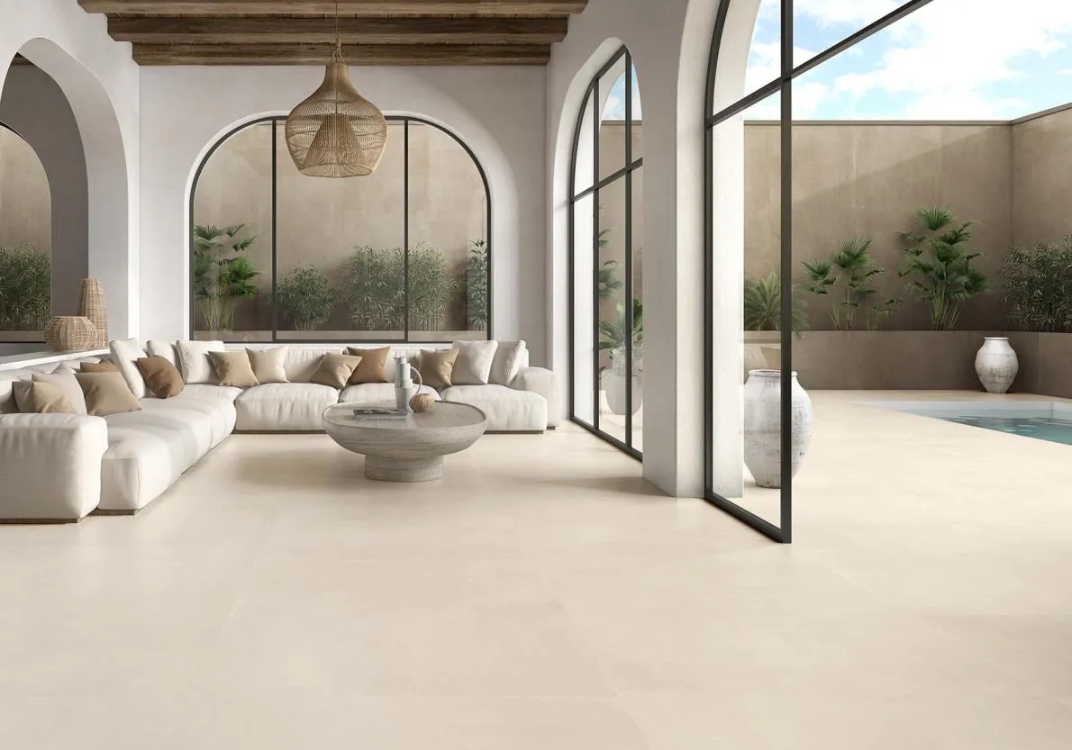 Ambiente con azulejos efecto cemento en tonos cálidos, colección Seven de ITT